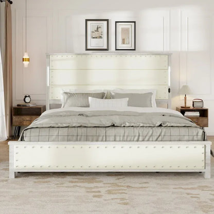 King Size Bed Frame with Upholstered Headboard and 4 Storage Drawers , King Bed Frame with Charging Station and LED Lights