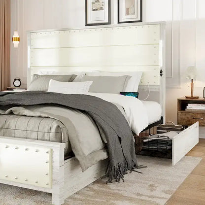 King Size Bed Frame with Upholstered Headboard and 4 Storage Drawers , King Bed Frame with Charging Station and LED Lights