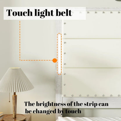 King Size Bed Frame with Upholstered Headboard and 4 Storage Drawers , King Bed Frame with Charging Station and LED Lights