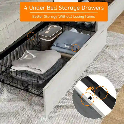 King Size Bed Frame with Upholstered Headboard and 4 Storage Drawers , King Bed Frame with Charging Station and LED Lights