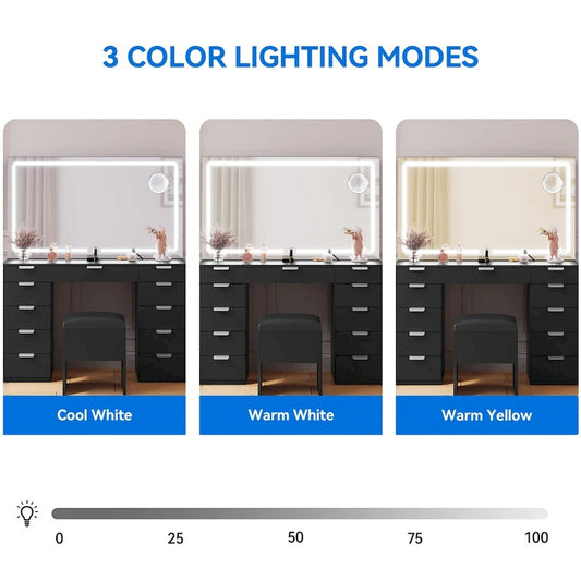 Moasis Makeup Vanity Table Set with Large LED Lighted Mirror and 11 Drawers - 46L*11.7W*55.9H