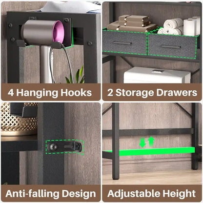 31 W Over the Toilet Storage Shelf with 2 Drawers and 4 Hooks for Restroom and Laundry