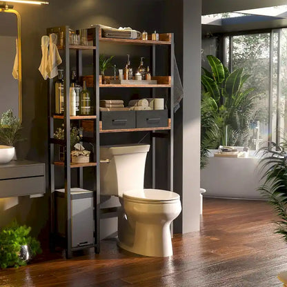 31 W Over the Toilet Storage Shelf with 2 Drawers and 4 Hooks for Restroom and Laundry