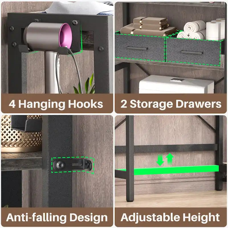 31 W Over the Toilet Storage Shelf with 2 Drawers and 4 Hooks for Restroom and Laundry