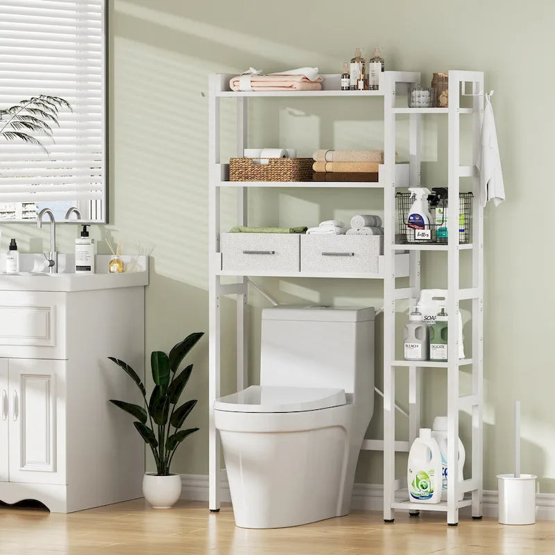 31 W Over the Toilet Storage Shelf with 2 Drawers and 4 Hooks for Restroom and Laundry