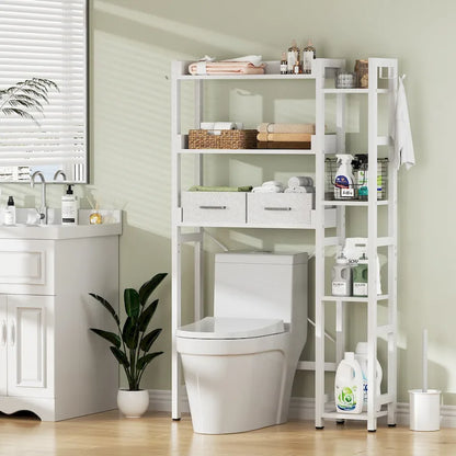31 W Over the Toilet Storage Shelf with 2 Drawers and 4 Hooks for Restroom and Laundry