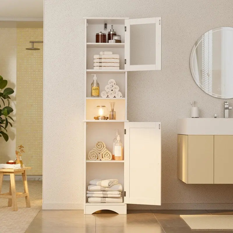 Freestanding Narrow Tall Bathroom Storage Cabinet with Adjustable Shelves, Door and Open Shelves