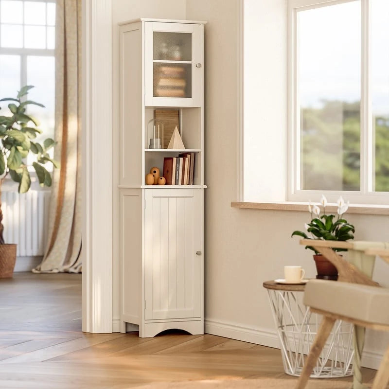 Freestanding Narrow Tall Bathroom Storage Cabinet with Adjustable Shelves, Door and Open Shelves