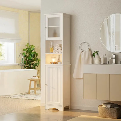 Freestanding Narrow Tall Bathroom Storage Cabinet with Adjustable Shelves, Door and Open Shelves