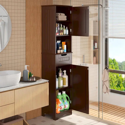 Freestanding Narrow Tall Bathroom Storage Cabinet with Adjustable Shelves, Door and Open Shelves