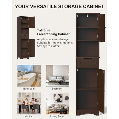 Freestanding Narrow Tall Bathroom Storage Cabinet with Adjustable Shelves, Door and Open Shelves