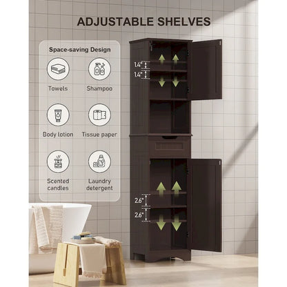 Freestanding Narrow Tall Bathroom Storage Cabinet with Adjustable Shelves, Door and Open Shelves