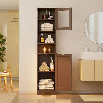 Freestanding Narrow Tall Bathroom Storage Cabinet with Adjustable Shelves, Door and Open Shelves