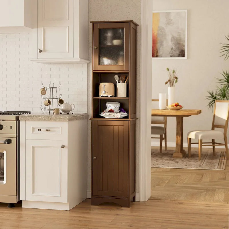 Freestanding Narrow Tall Bathroom Storage Cabinet with Adjustable Shelves, Door and Open Shelves