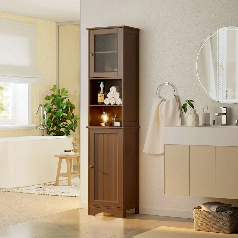 Freestanding Narrow Tall Bathroom Storage Cabinet with Adjustable Shelves, Door and Open Shelves