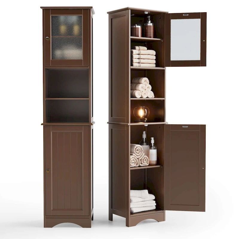 Freestanding Narrow Tall Bathroom Storage Cabinet with Adjustable Shelves, Door and Open Shelves