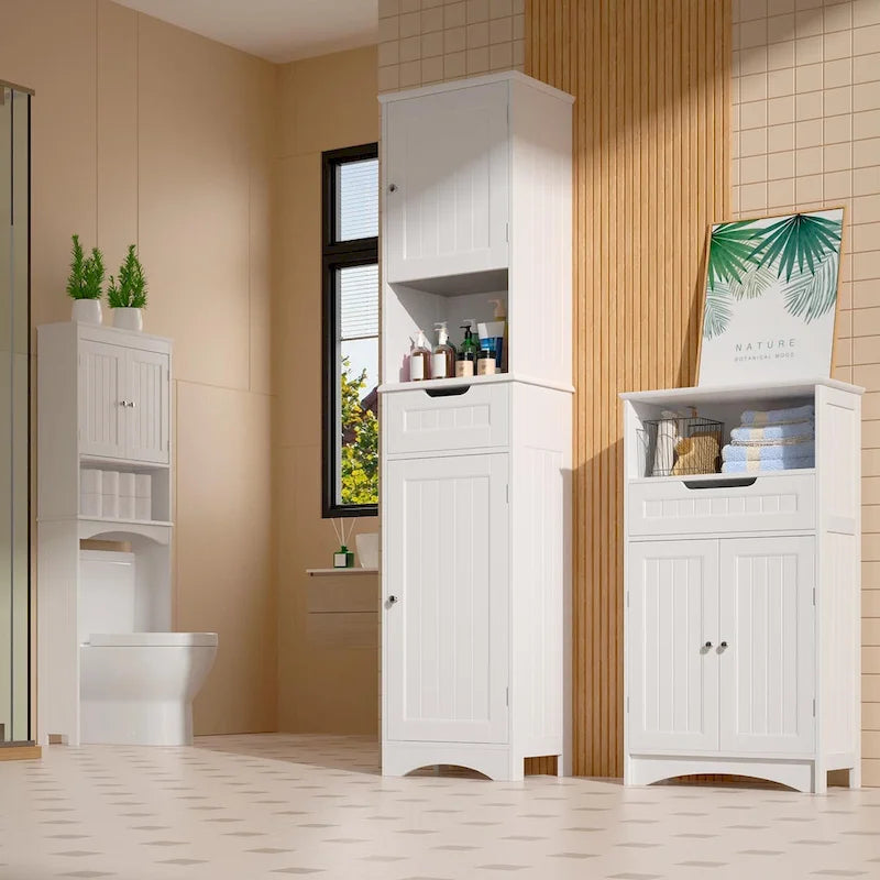 Freestanding Narrow Tall Bathroom Storage Cabinet with Adjustable Shelves, Door and Open Shelves