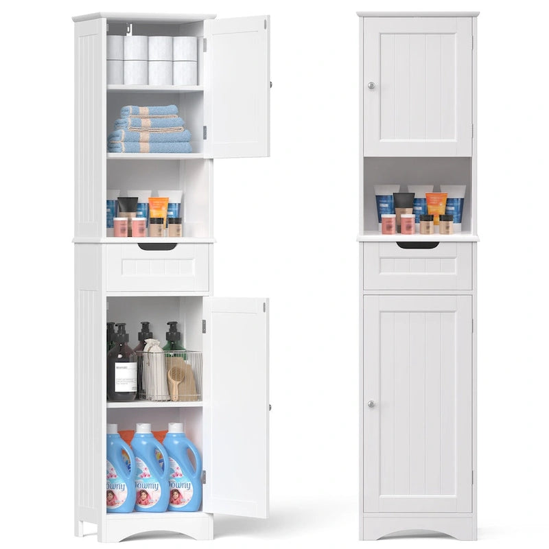 Freestanding Narrow Tall Bathroom Storage Cabinet with Adjustable Shelves, Door and Open Shelves