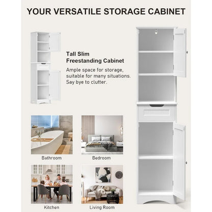 Freestanding Narrow Tall Bathroom Storage Cabinet with Adjustable Shelves, Door and Open Shelves