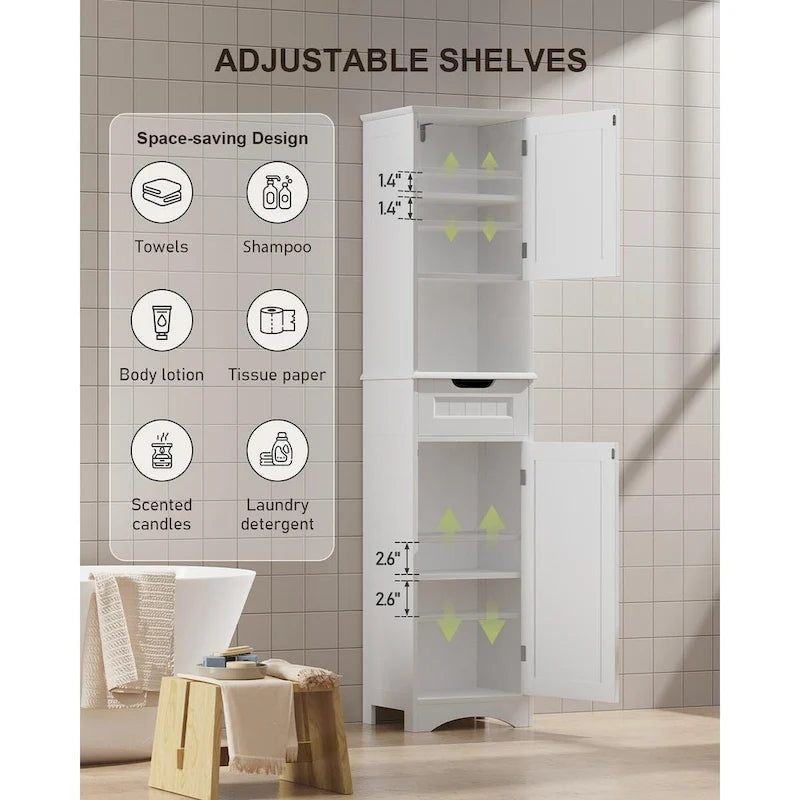 Freestanding Narrow Tall Bathroom Storage Cabinet with Adjustable Shelves, Door and Open Shelves