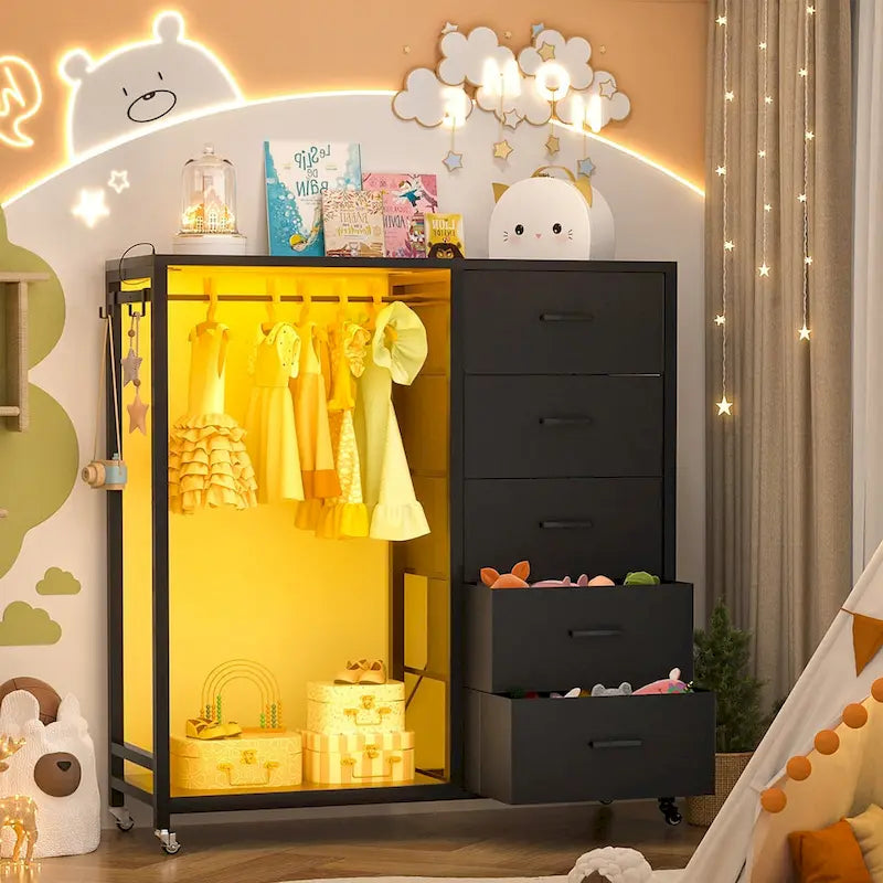 Rollway Dresser with Charge Station and LED Light,Chest With Drawers for Kids Room