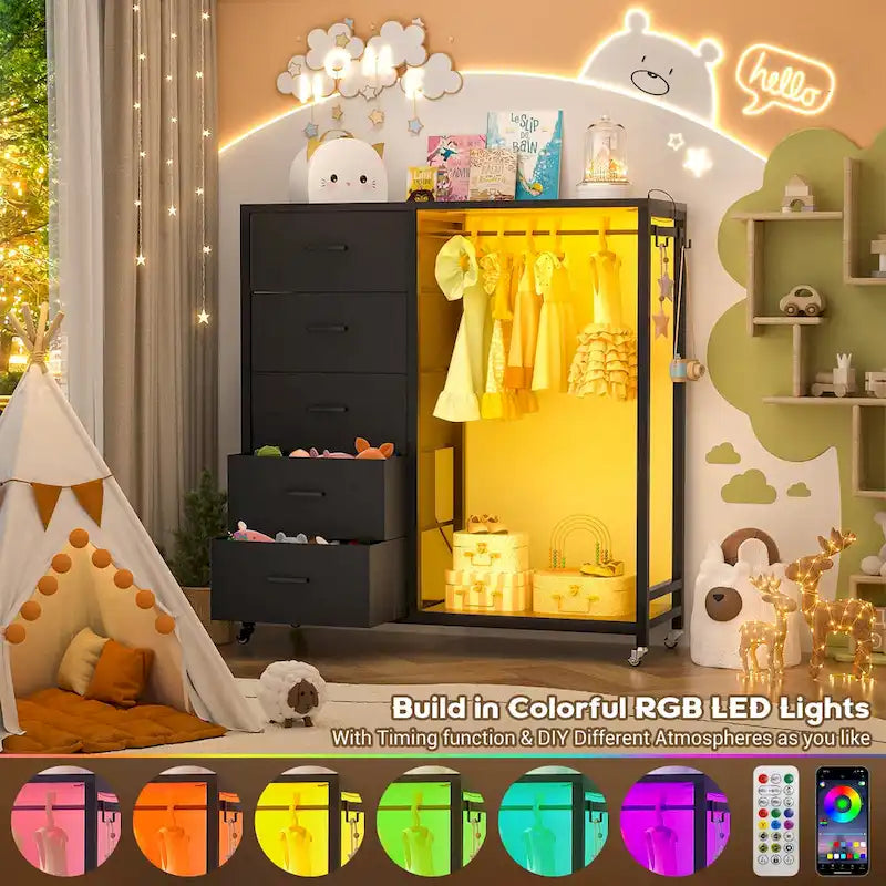 Rollway Dresser with Charge Station and LED Light,Chest With Drawers for Kids Room