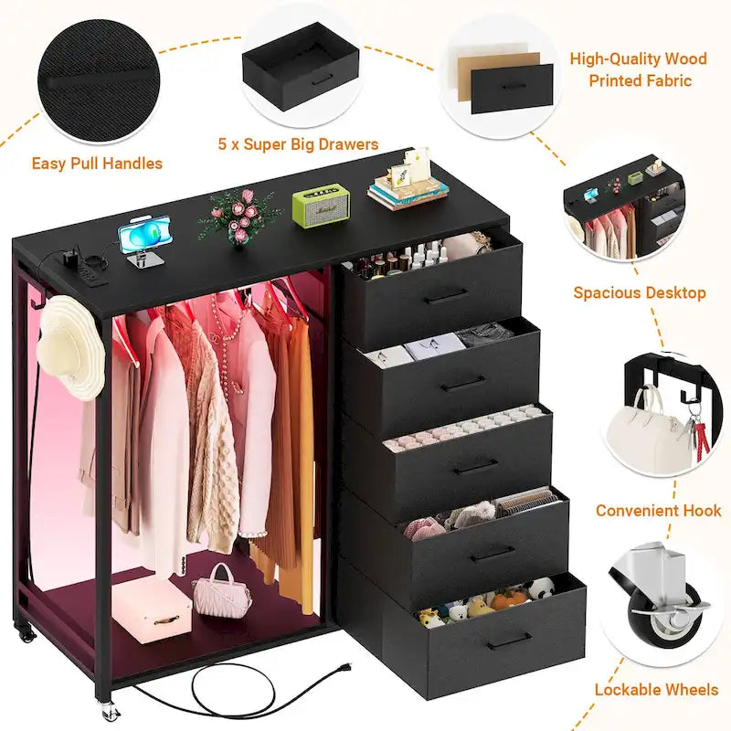 Rollway Dresser with Charge Station and LED Light,Chest With Drawers for Kids Room