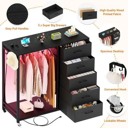 Rollway Dresser with Charge Station and LED Light,Chest With Drawers for Kids Room