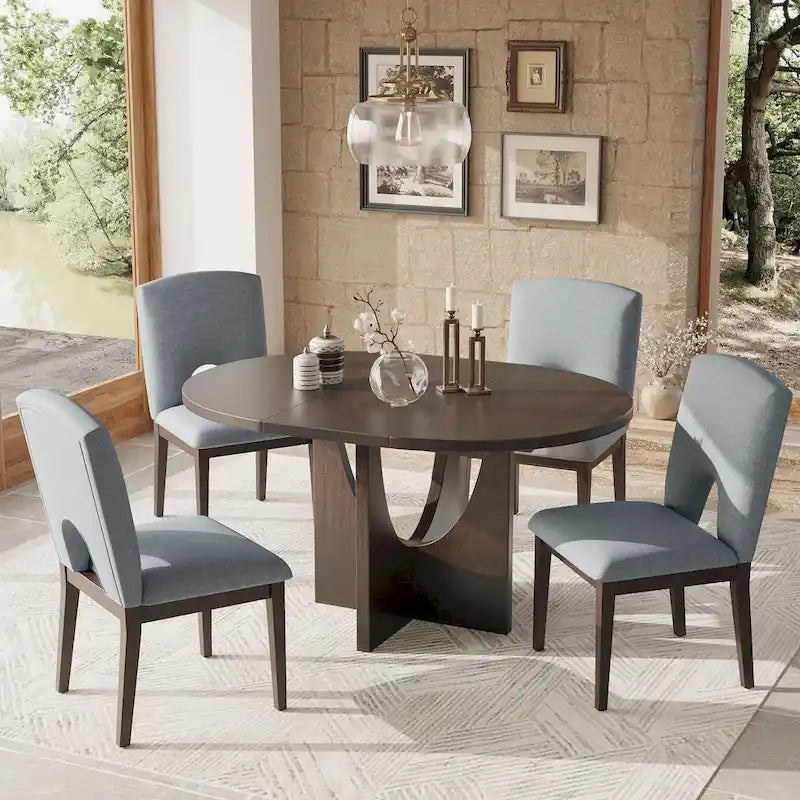 Full 30 Inch Modern Solid Wood Linen Dining Set Extendable